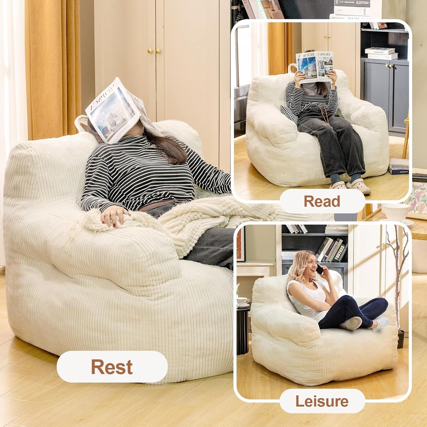 Bean Bag Chair for Adults - Faux Fur, Fluffy and Comfy with Filler, Big Sofa for Reading, Gaming (Beige, Oversize)