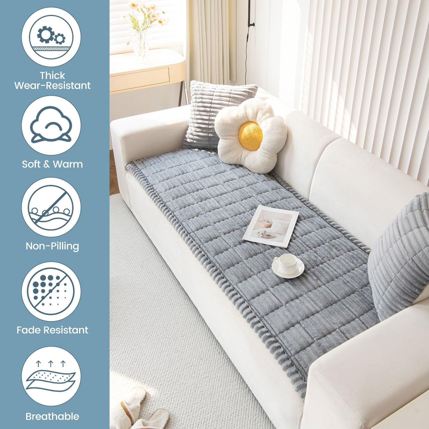 OTOB Sofa Covers for 3 Cushion Couch Washable, Fuzzy Non Slip Pet Friendly Couch Cover Protector Love Seat, All Seasons Soft Plush Furniture Bed Mats Sofa Slipcovers (Gray, 31.5" x 70.9'')