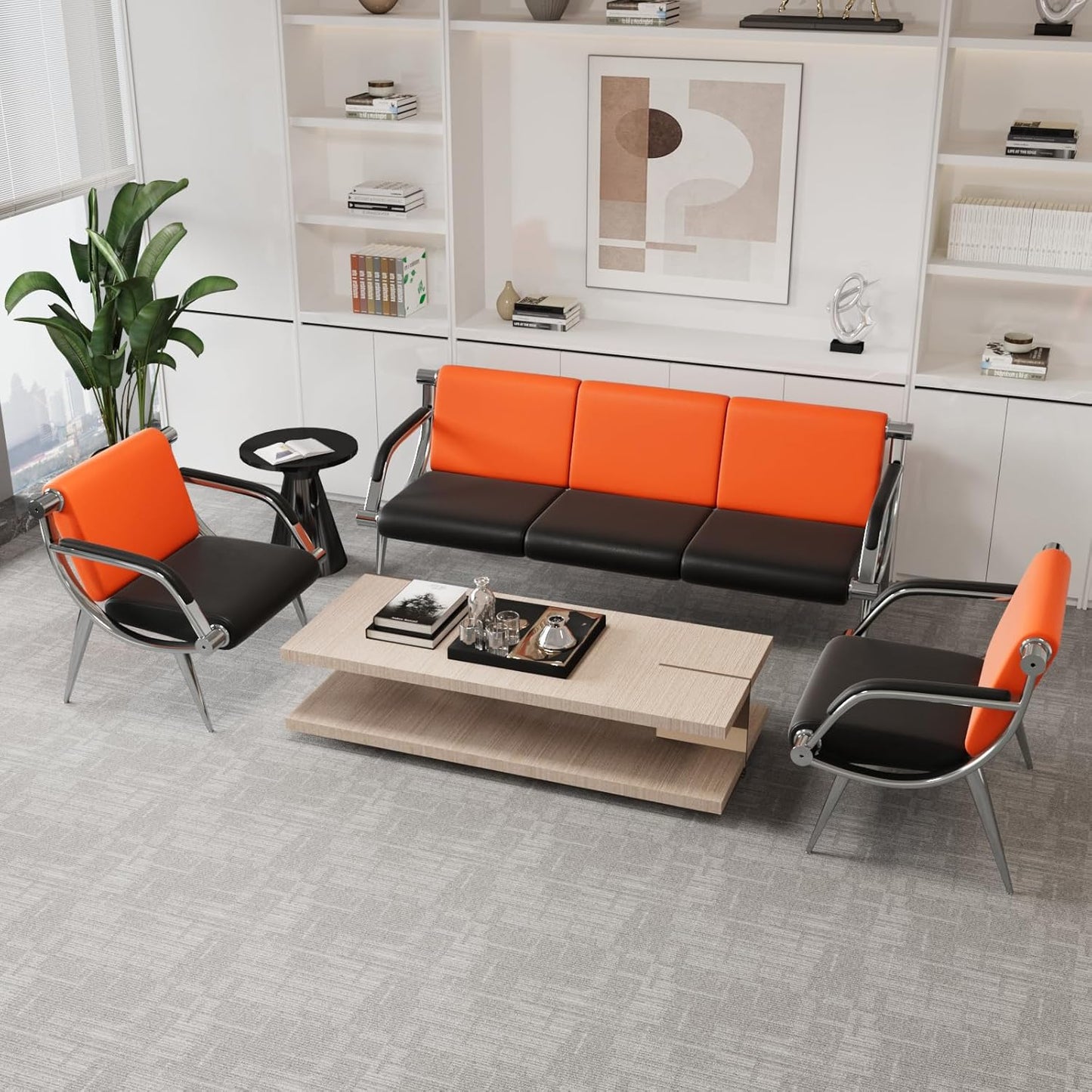 wonline 3 Seat Waiting Room Chair with Armrest PU Leather Office Furniture, Office Guest Seating Lobby Conference Reception Chairs for Airport Clinic Hospital Bank Salon Barber(Orange&Black)