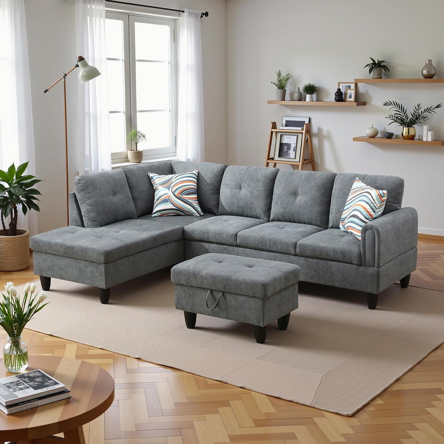 L Shaped Couch Modern Sectional Couch Upholstered Fluffy Fabric 3 Pieces Sofas for Living Room with Chaise, Storage Ottoman for Office and Small Apartment, Dark Grey