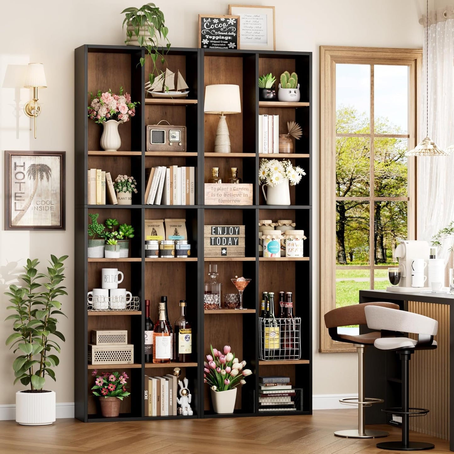 FOTOSOK 71'' Tall Bookshelf, Double Wide Media Tower Rack CD DVD Rack Display Cabinet with Adjustable Shelves, Tall Narrow Bookcase Bookshelf for Home Office, Black/Brown