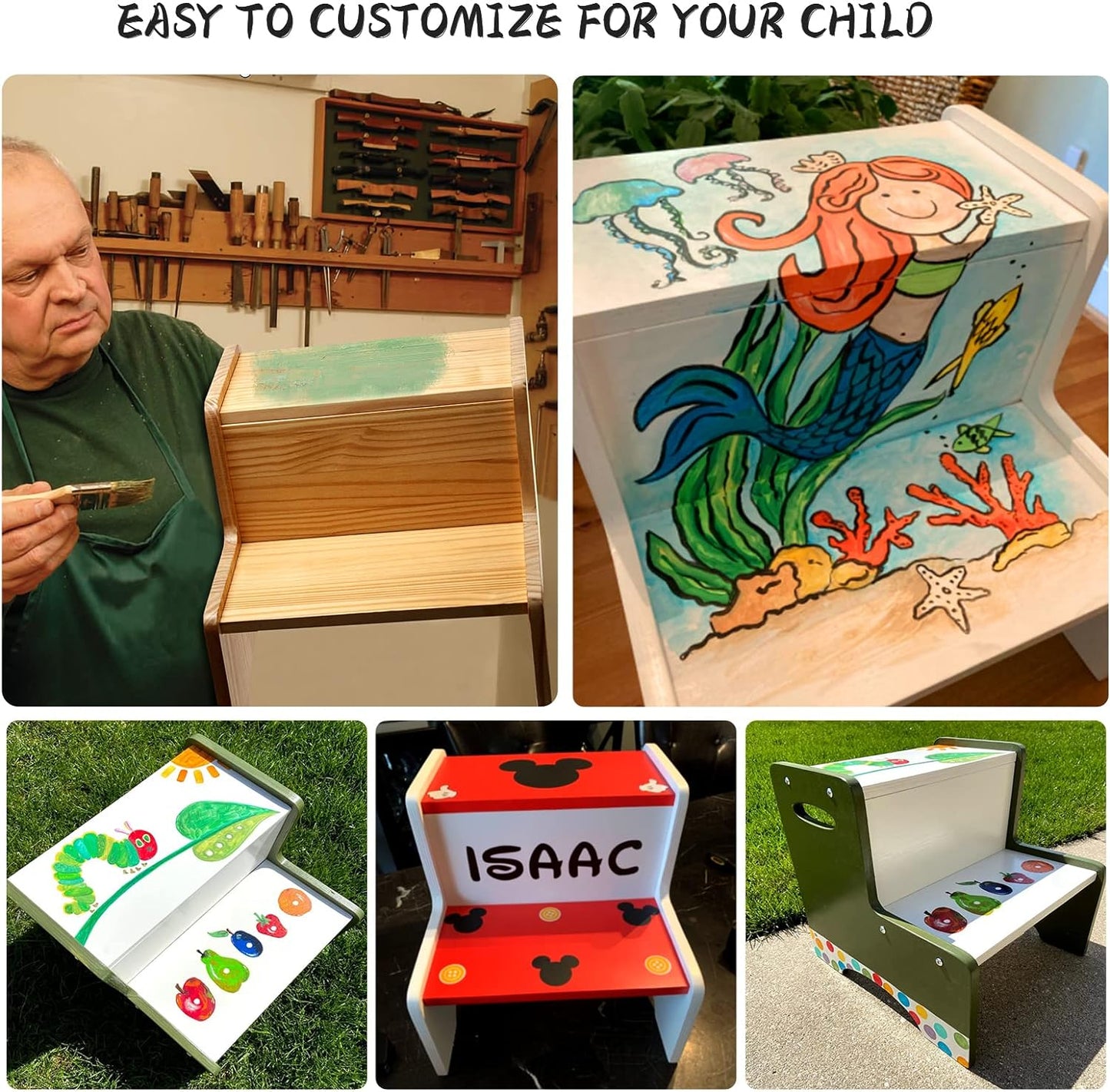 WOOD CITY Wooden Toddler Step Stool for Kids, Bathroom Potty Stool & Kitchen Stool, Natural Two Step Stool for Bedroom, Children's Stool with Handles and Safety Non-Slip Pads