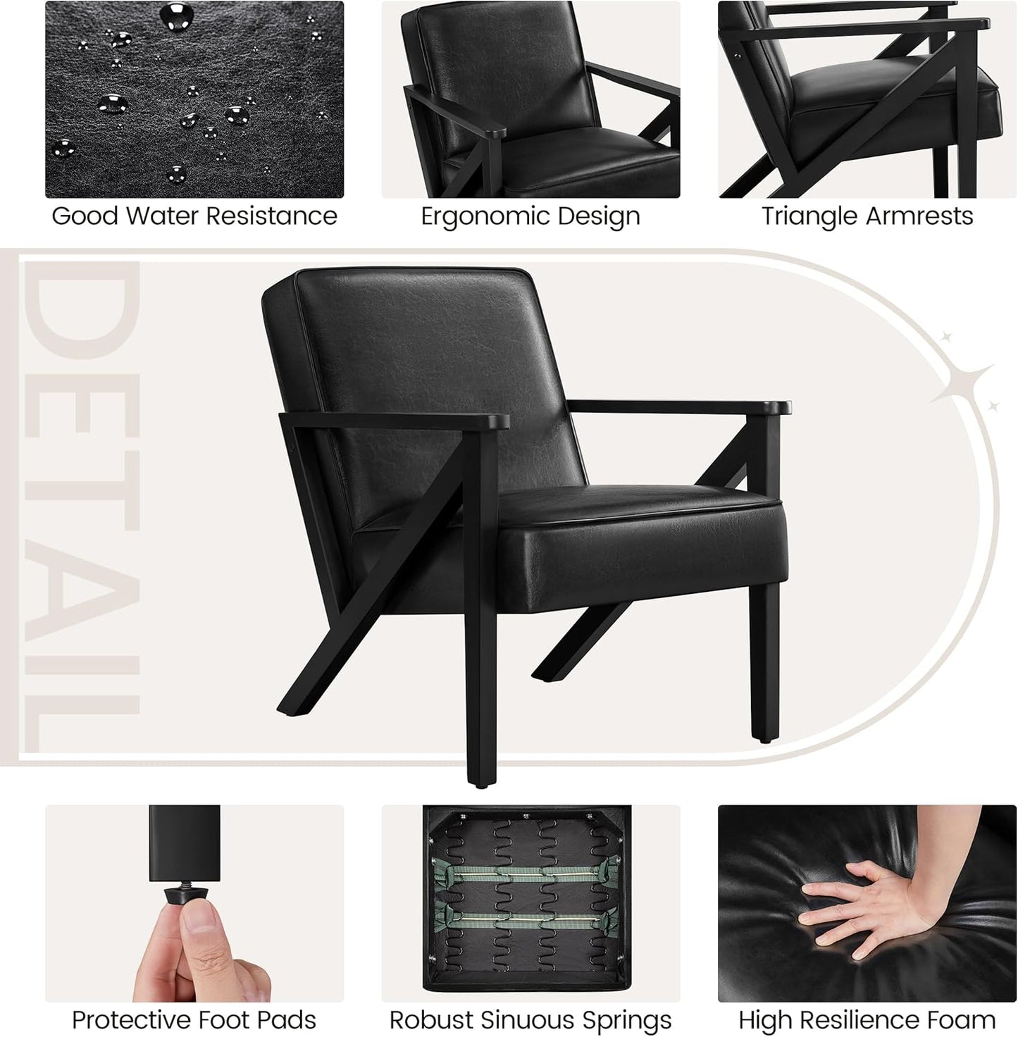 Yaheetech Accent Chair, PU Leather Reading Chair, Mid Century Modern Arm Chair with Solid Wood Frame for Living Room Bedroom Waiting Room, 2 Pieces, Black