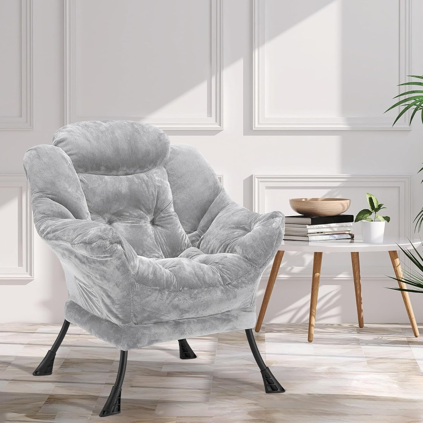 Fabric Lazy Chair for Adults, Oversized Upholstered Sofa Chair, Plush Comfy Lounge Chair with Large Side Storage Pocket, Thick Padded Reading Chair for Living Room, Bedroom, Dorm, Light Gray