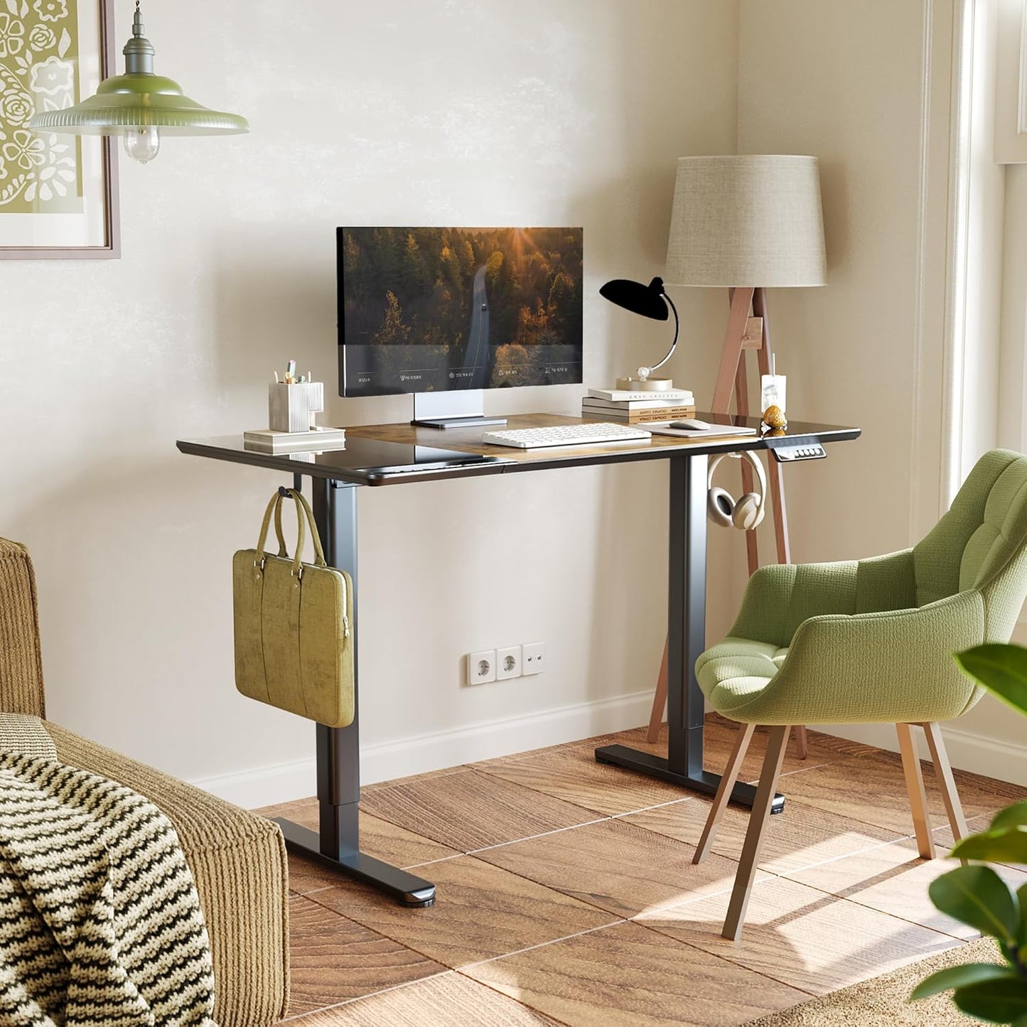 INNOVAR Glass Standing Desk, 48 x 24 Inches Height-Adjustable Desk, Tempered Glass and Wooden Top, Quick Install Home Office Stand Up Desk with 4 Presets, Black Glass and Brown Wood