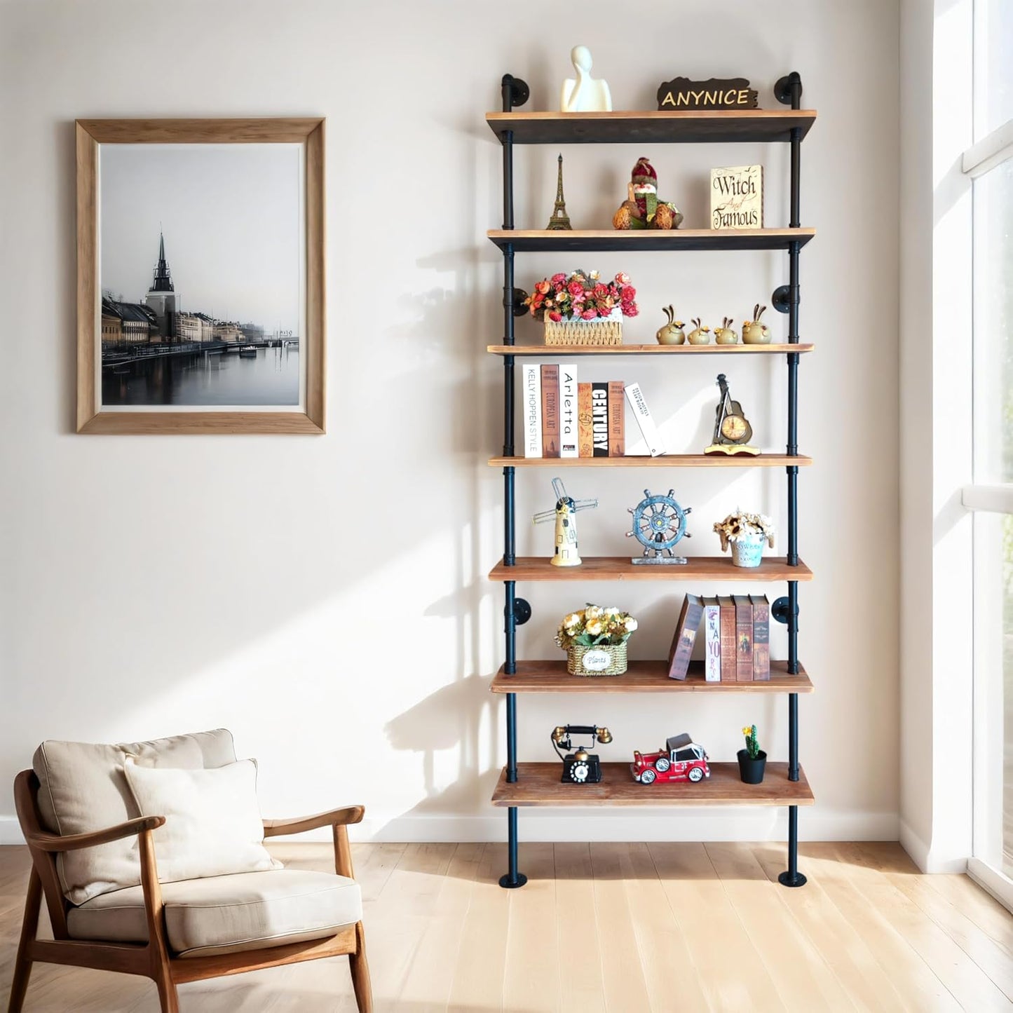 7 Tier Industrial Wall Mounted Ladder Shelf Bookcase, Rustic Wood Metal Pipe Industrial Shelves for Living Room Decor and Storage (Weathered Brown, 7 Tier - 10" D x 36" W x 95.5" H)