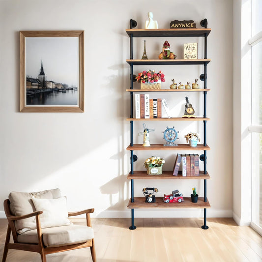 7 Tier Industrial Wall Mounted Ladder Shelf Bookcase, Rustic Wood Metal Pipe Industrial Shelves for Living Room Decor and Storage (Weathered Brown, 7 Tier - 10" D x 36" W x 95.5" H)
