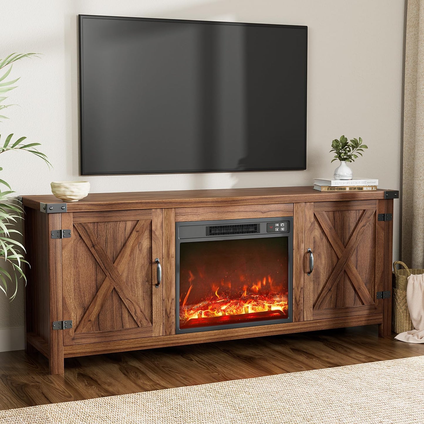 YESHOMY Fireplace TV Stand with Two Barn Doors and Storage Cabinets for Televisions up to 65+ Inch, Entertainment Center Console Table, Media Furniture for Living Room, 58 Inch, Walnut