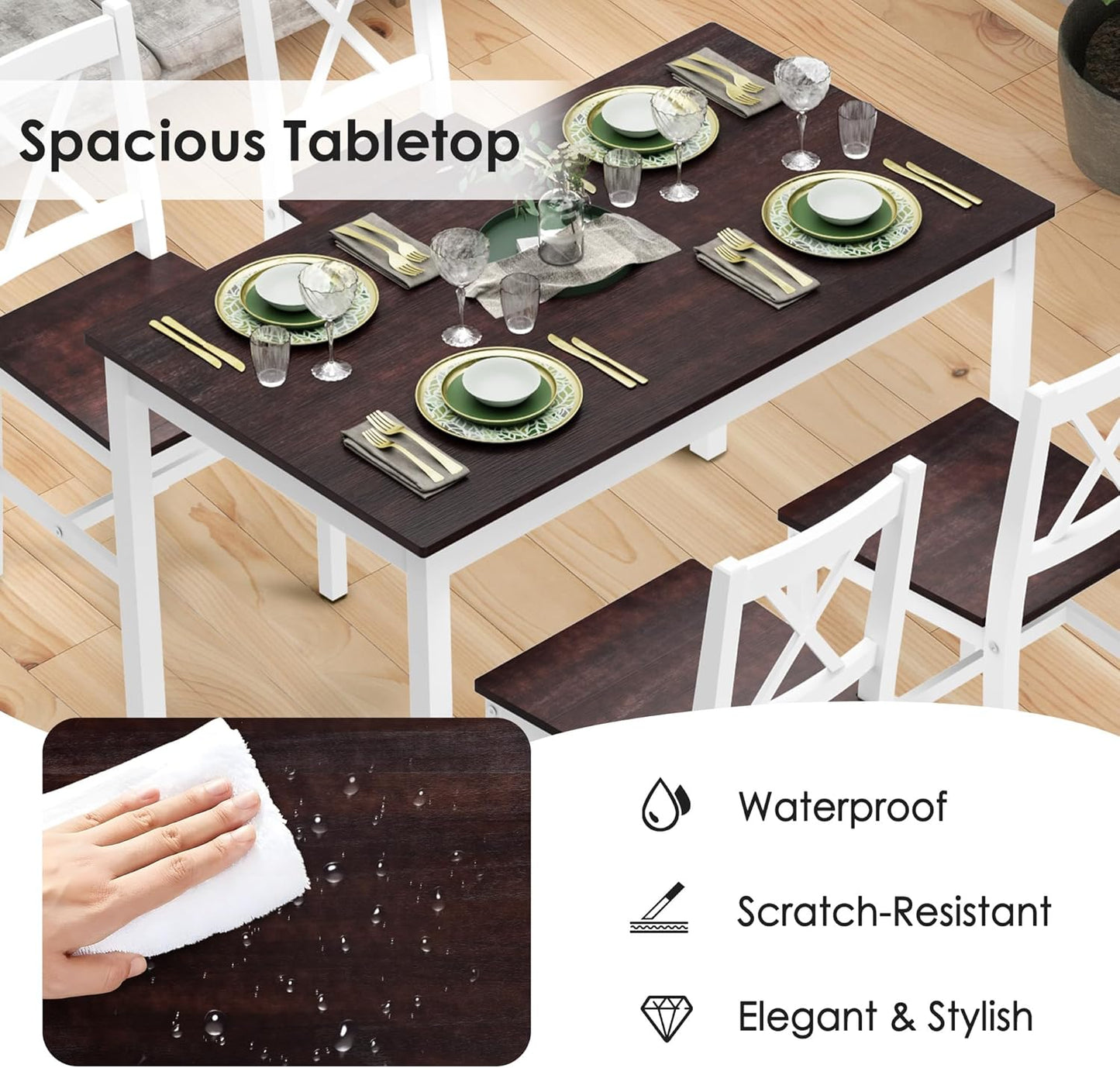 soges Kitchen Dining Table Chairs Set for 4, 42.5 inch Pine Wood Dining Room Table with 4 Chairs, 5-Piece Kitchen Table Chairs Set for Small Space, Apartment, Dinette, Breakfast, Walnut & White