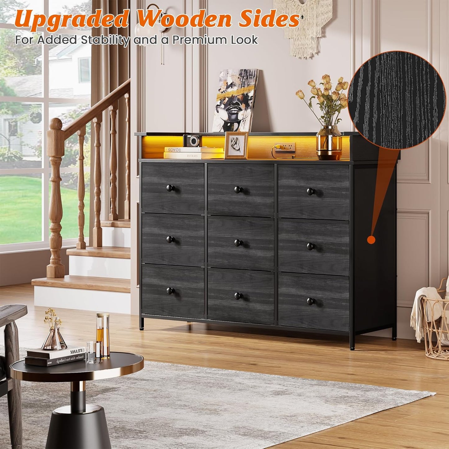 Nicehill 9 Drawer Dresser for Bedroom, TV Stand for Bedroom, Black Dresser with LED Light, Fabric Chests of Drawers for Hallway Entryway (Black Wood Grian)