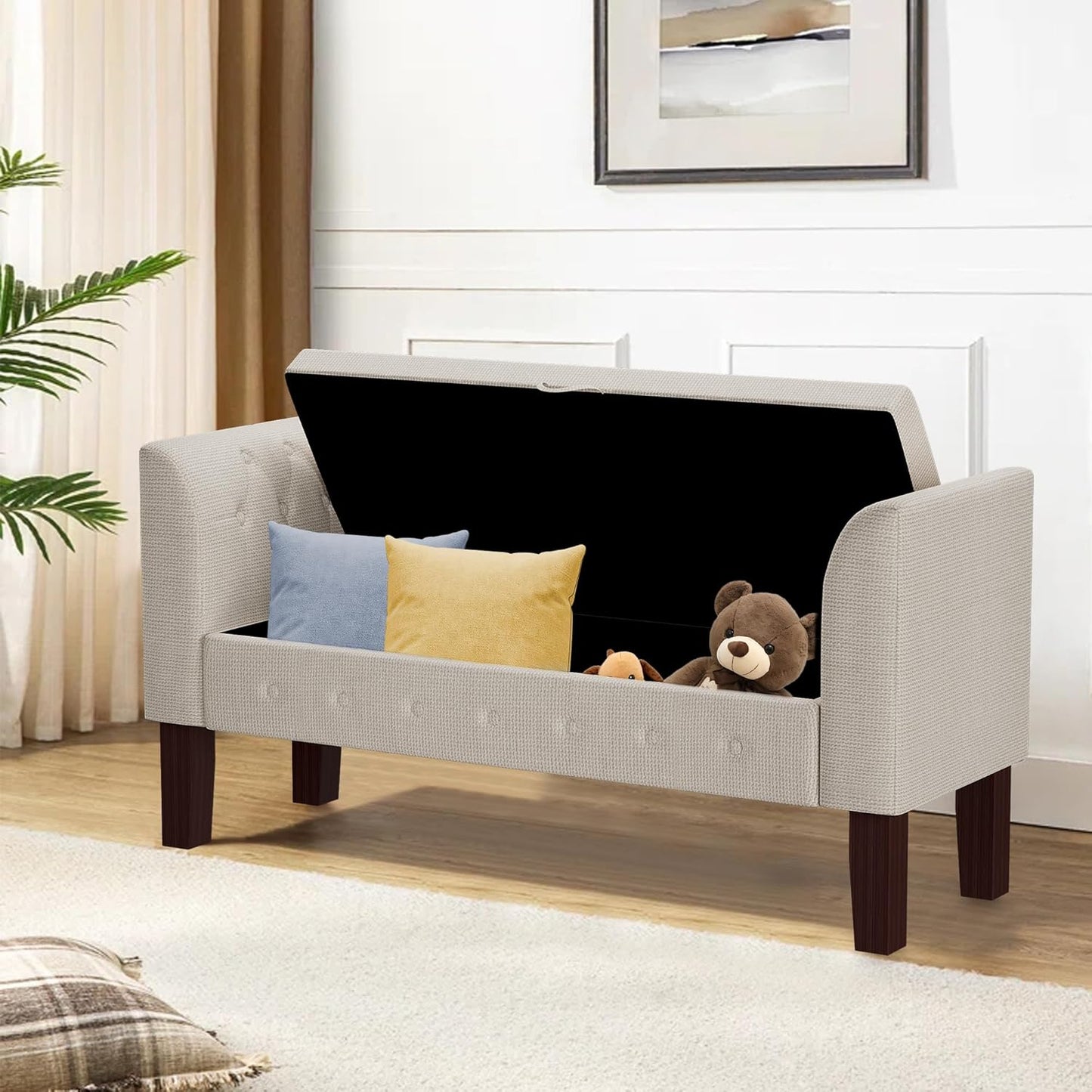 Awonde Storage Bench for Bedroom End of Bed Button Tufted Upholstered Bench Storage Ottoman Bench with Arms 52" Settee Bench Ivory Linen