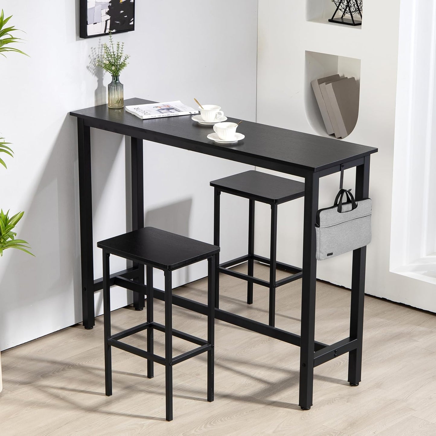 Finnhomy 52.7" Industrial Bar Table Set with 2 Stools - Counter Height Dining & Pub Table for Small Spaces, Kitchen, Apartment, Breakfast Nook - Metal & Wood, Space-Saving Furniture - Rustic Black