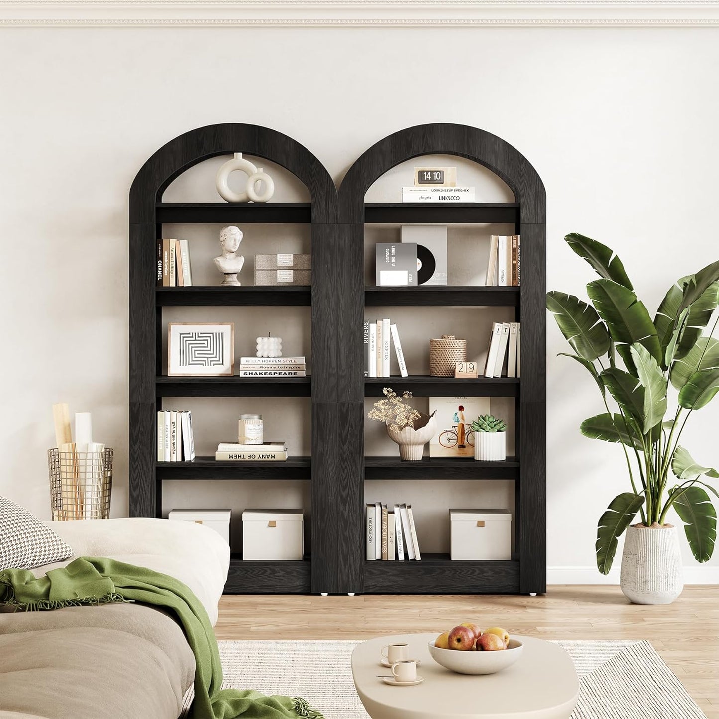 LITTLE TREE 5-Tier Bookshelf, Arch-Shaped Racks, Tall Standing Wooden Bookcase Display Shelf Modern Storage Solution (1, Black)