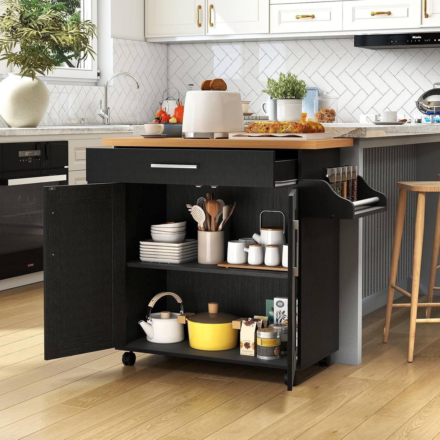 COSTWAY Kitchen Island On Wheels, Rolling Storage Trolley Cart with Large Cabinet, Drawer, Spice Rack and Towel Rack, Kitchen Serving Utility, 3-Position Adjustable Shelf (Black)