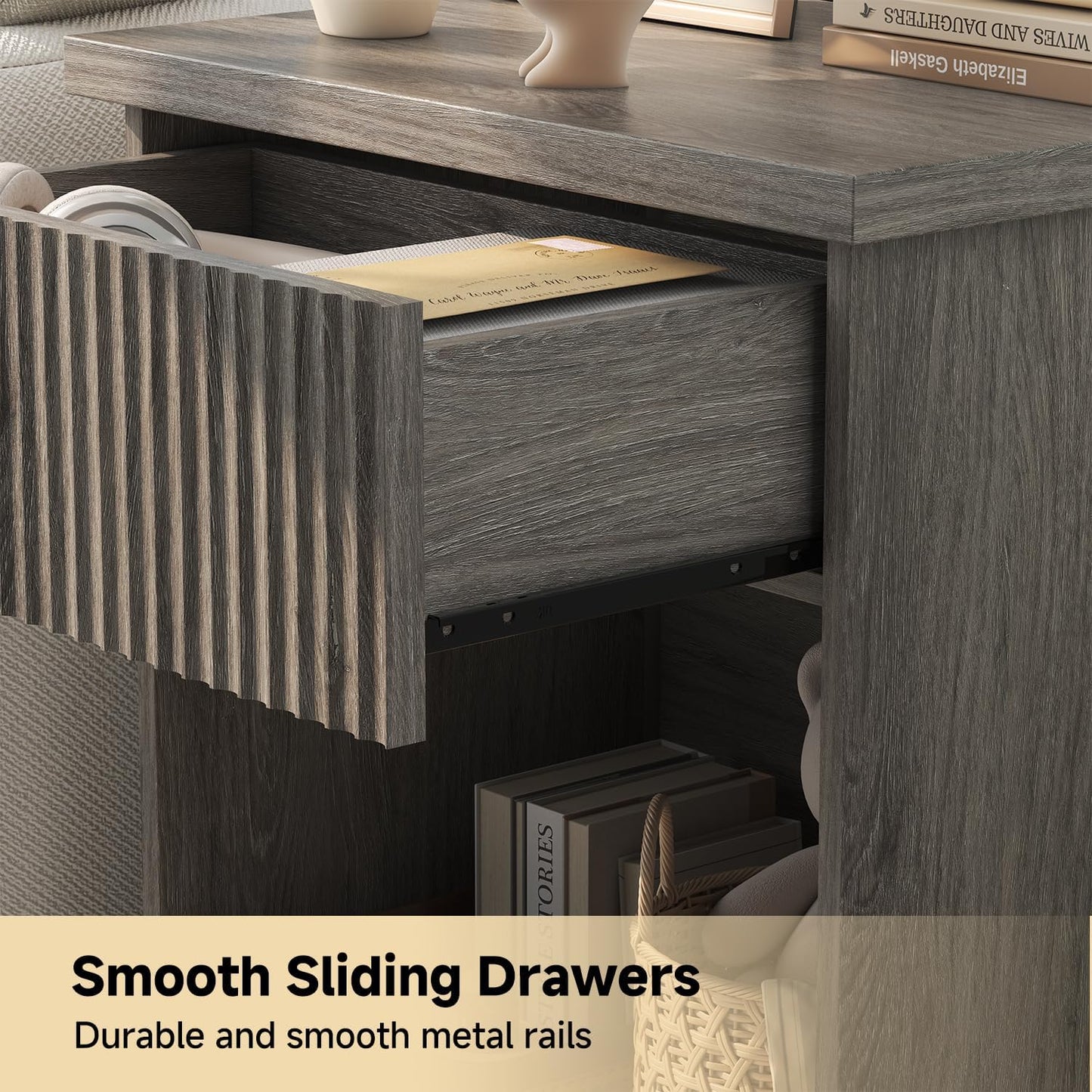 Fluted Nightstand, 22.8" Wide Nightstands with Drawer Storage Large Wood BedsideTable Night Stand for Bedroom, Grey Oak