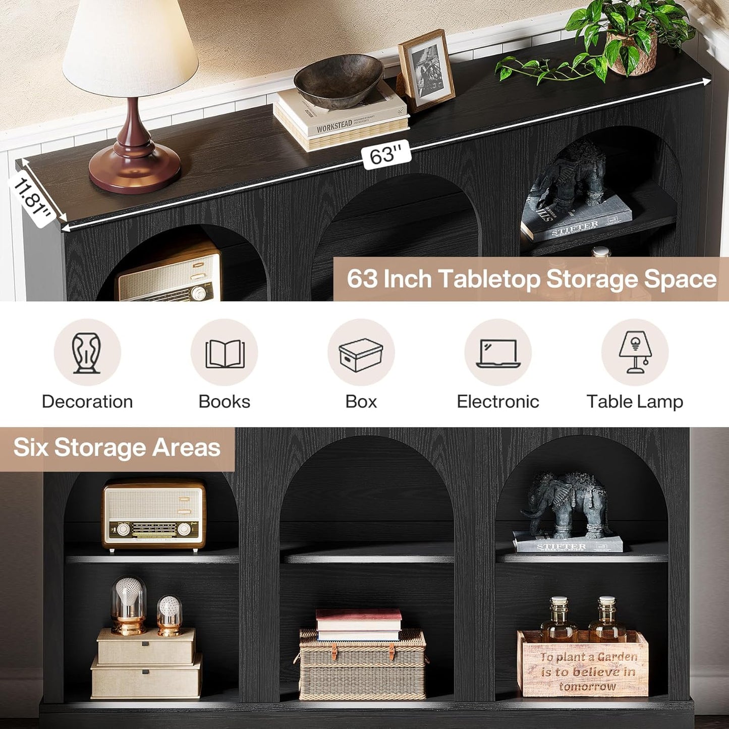 Tribesigns Farmhouse Console Table, 63-Inch Long Entryway Table with 3 Tier Storage, Wooden Rectangular Sofa Table Behind The Couch for Entrance, Hallway, Living Room, Black