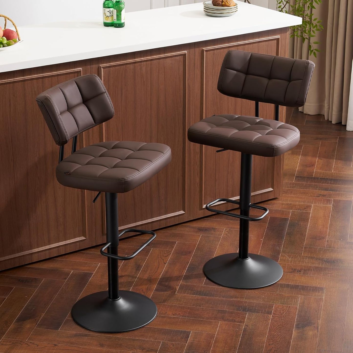 Furniliving Modern Bar Stools Set of 2 Faux Leather, Upholstered Swivel Barstools with Back, Adjustable Bar Chairs Counter Height for Kitchen Island, Dining Space, Brown