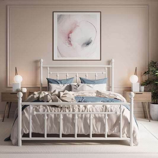 SHA CERLIN 14'' Full Size Metal Platform Bed Frame/Victorian Headboard and Footboard/Steel Slats Mattress Foundation for Storage/No Box Spring Needed/Noise Free/White