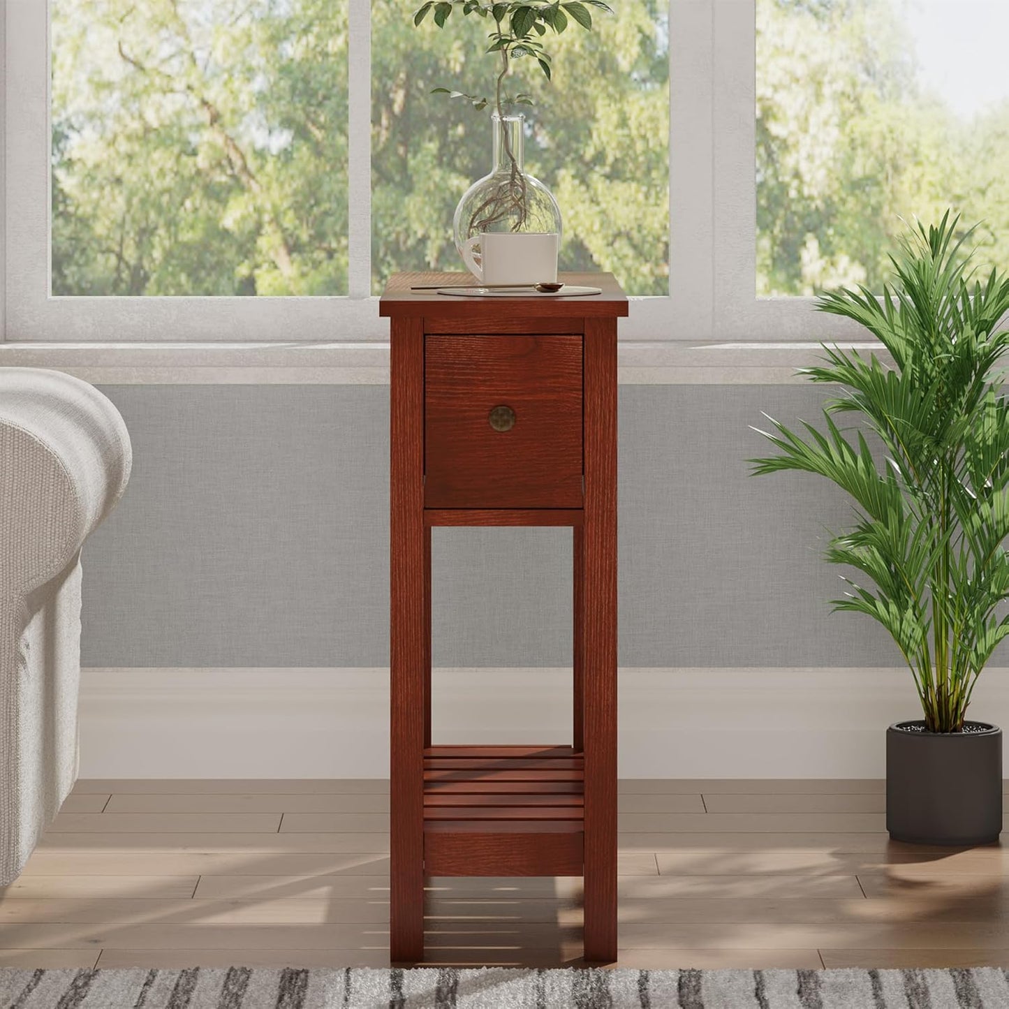 ChooChoo Narrow End Table, Small Side Table for Small Spaces, Slim End Table with Drawer, Narrow Nightstand Bedside Table for Living Room Bedroom, Cherry Brown, 2 Pack