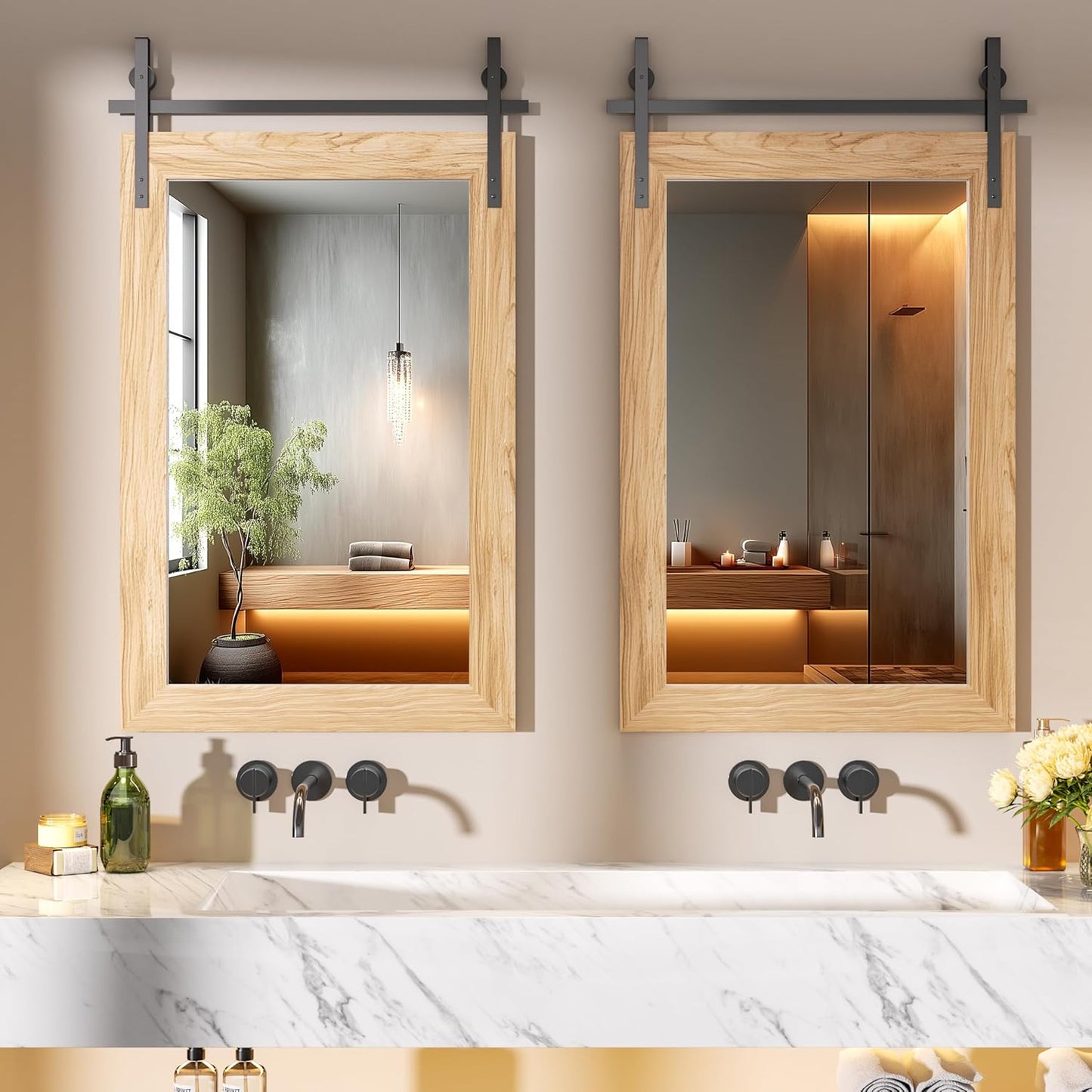 Hasipu Farmhouse Bathroom Mirror, 22"x30" Rustic Wood Framed Wall Mounted Mirror, Brown Vintage Vanity Mirror Barn Door Style Decrative Mirrors