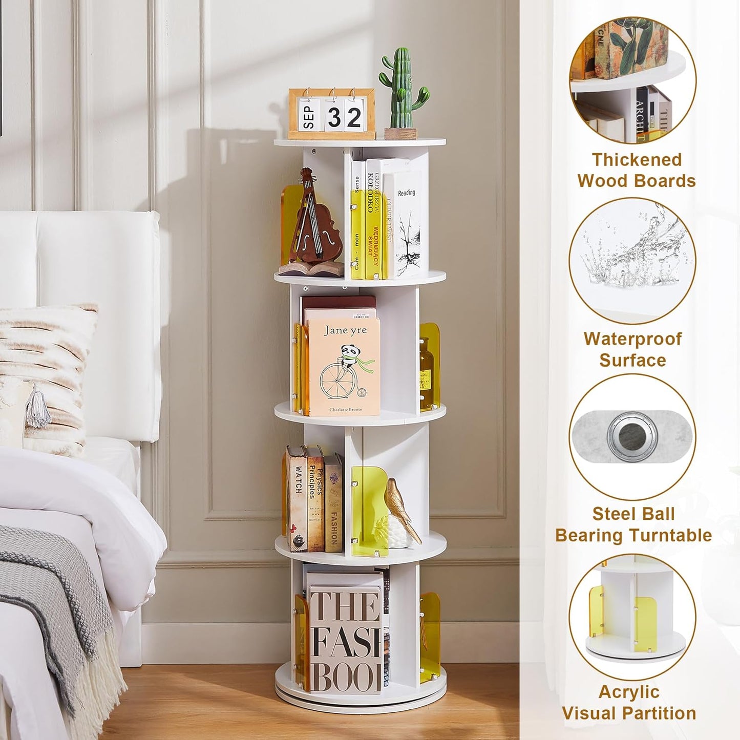 VECELO 4-Tier Rotating Bookshelf, Small Corner Bookshelf for Small Space, 360 Display Floor Standing Bookcase Storage Rack, Wood Narrow Book Shelf Organizer for Bedroom, Living Room, White