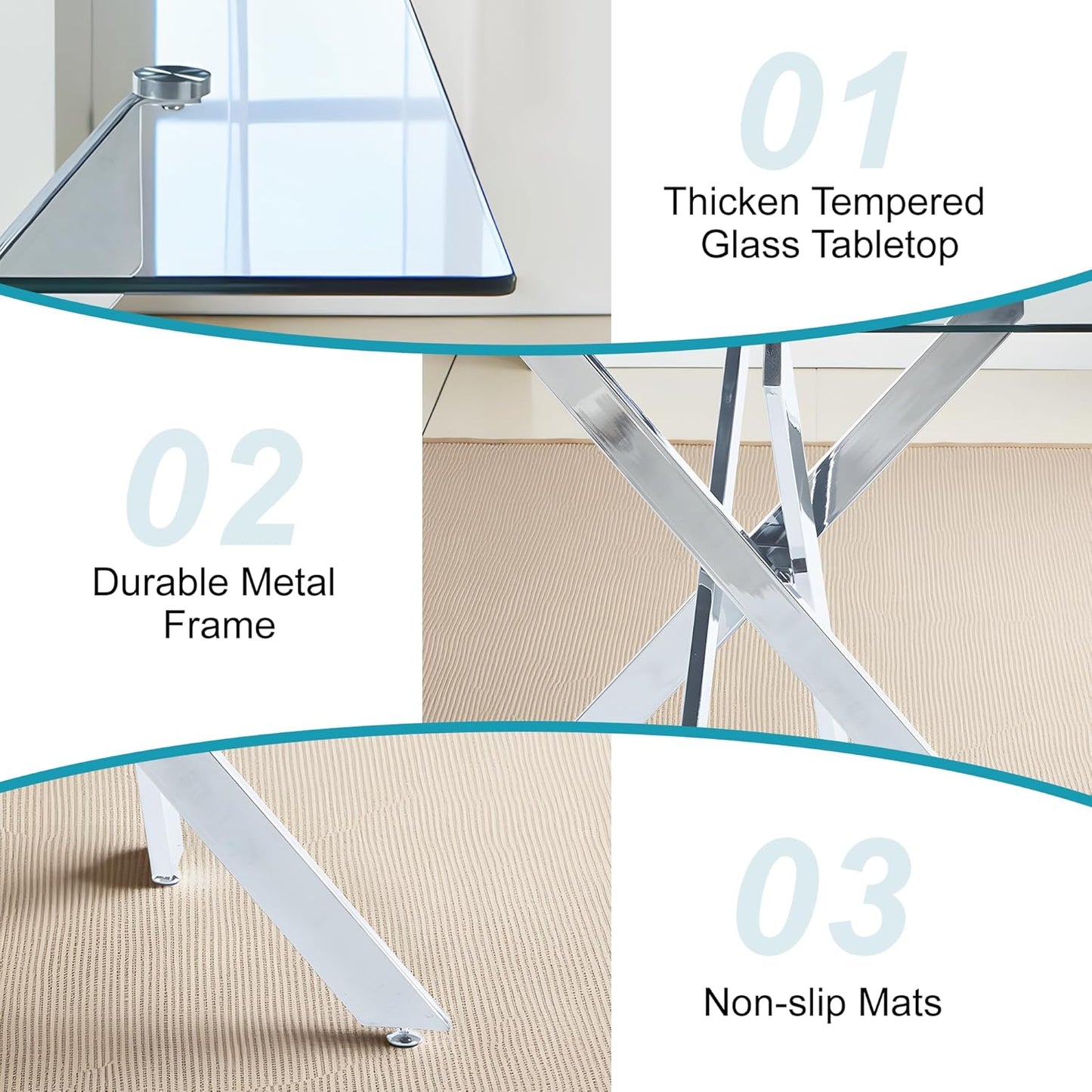 Dining Table for 4 Modern 35.43" Rectangular Glass Dining Table Kitchen & Dining Room Tables with Metal Base for Dining Room and Apartment, Chrome