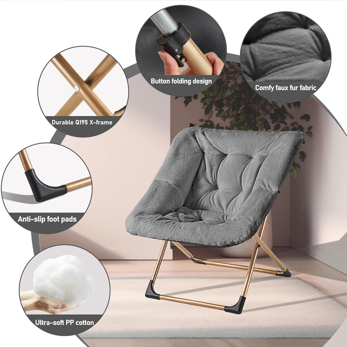Comfy Oversized Saucer Chair, Soft Faux Fur Reading Lounge Chair for Adults, Stable X-Large Metal Frame and Non-Slip Pad, Foldable Cozy Chairs for Bedroom, Living Room, Dorm, Dark Gray