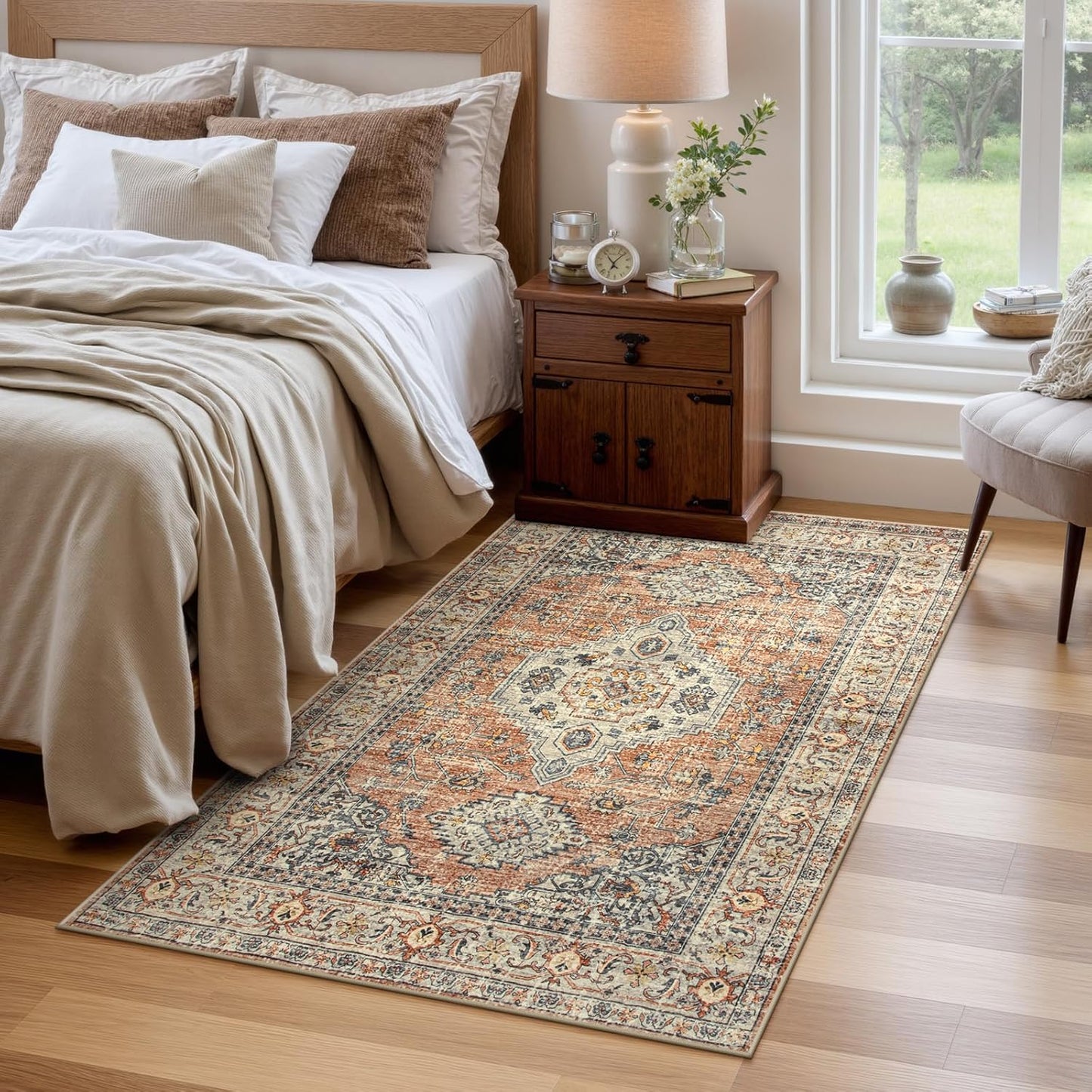 Lahome Oriental Washable Rug, 3x5 Rugs for Bedroom Living Room Entryway, Vintage Ultra-Thin Non-Slip Soft Throw Carpet for Kitchen Office Entrance, Peach/Orange