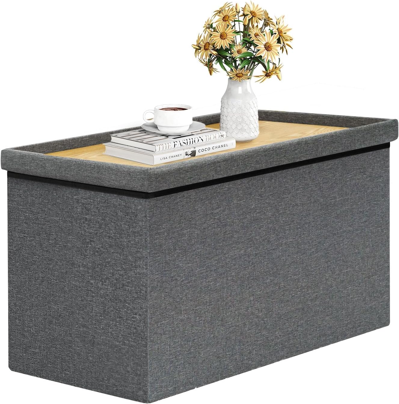 B FSOBEIIALEO Storage Ottoman with Tray, Linen Coffee Table Folding Long Shoes Bench Footstool, Dark Grey 30"x15.74"x15"