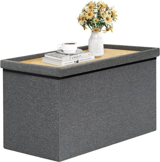 B FSOBEIIALEO Storage Ottoman with Tray, Linen Coffee Table Folding Long Shoes Bench Footstool, Dark Grey 30"x15.74"x15"