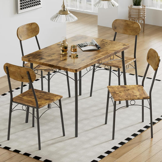 VECELO Dining Table Set for 4, 5-Piece Kitchen Table with 4 Chairs, MDF Board Tabletop with Metal Frame for Small Space, Compact Dinette, Breakfast Nook, Rustic Brown