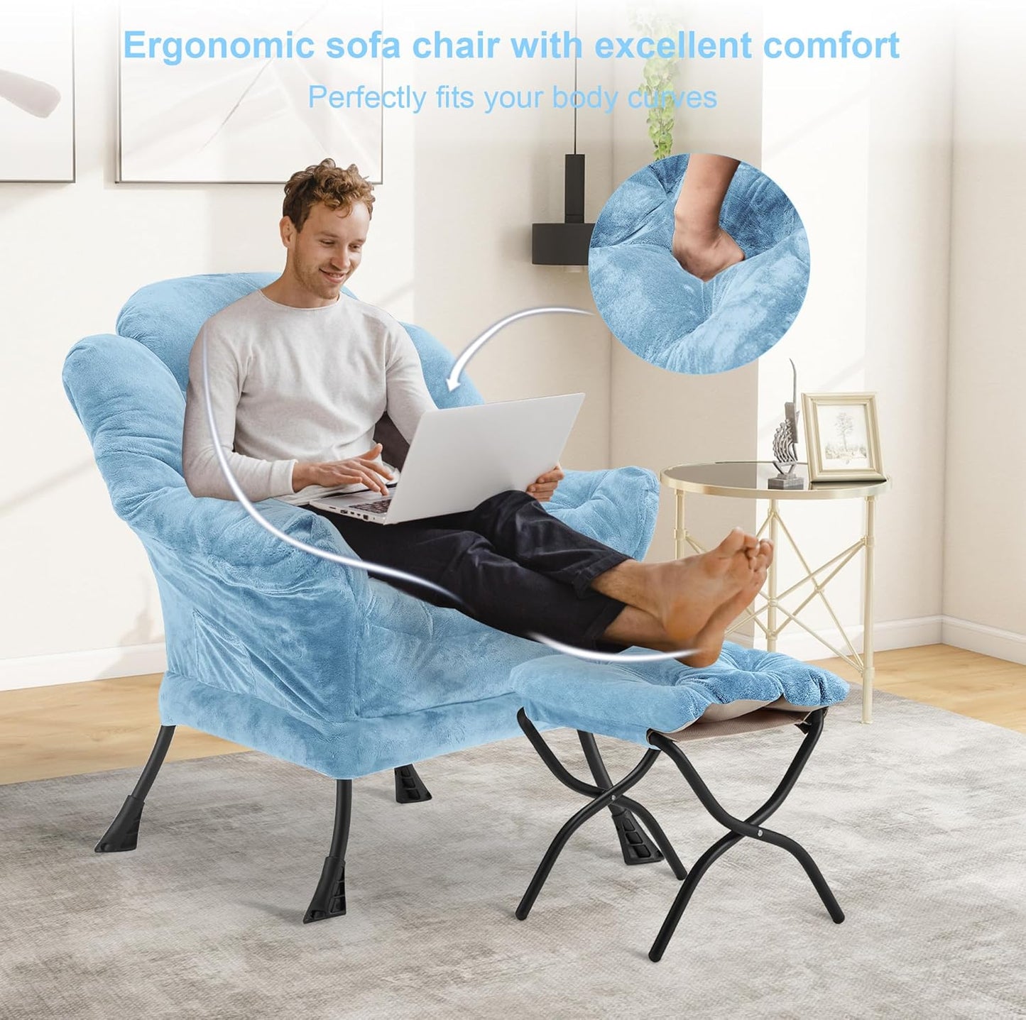 Fabric Lazy Chair with Ottoman, Oversized Upholstered Sofa Chair for Adults, Plush Comfy Lounge Chair with Large Side Storage Pocket, Reading Chair for Living Room, Bedroom, Study Room, Blue