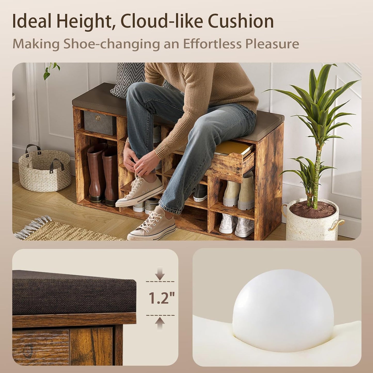 DINZI LVJ Shoe Bench, Entryway Storage Bench with Drawer and 15 Cubbies, Cubby Shoe Rack with Adjustable Shelves, Shoe Organizer Cabinet for Living Room, Bedroom, Mudroom and Garage, Rustic Brown