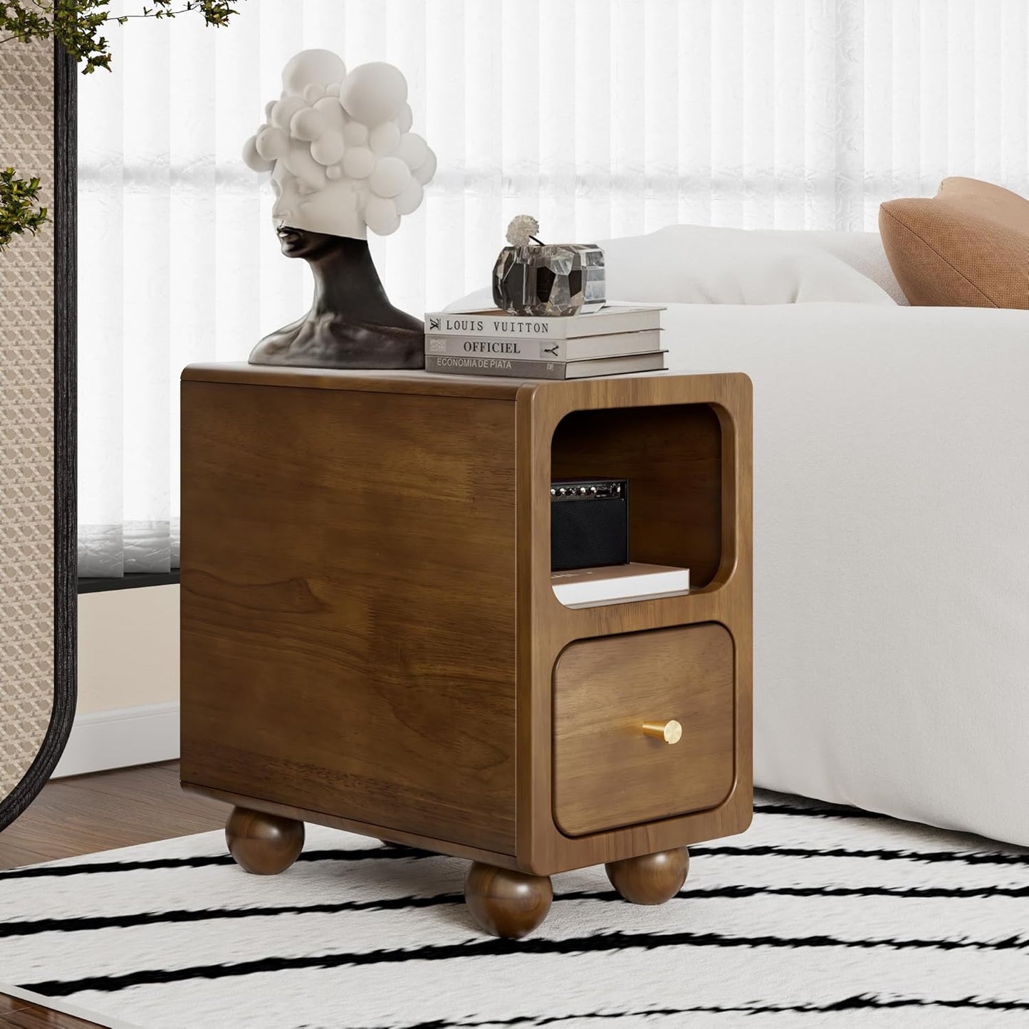 Small Narrow Nightstand with Drawers, Solid Wood Nightstand, Walnut Night Stand, Mid Century Side Table, Modern Bedside Tables for Bedroom (10 inch)