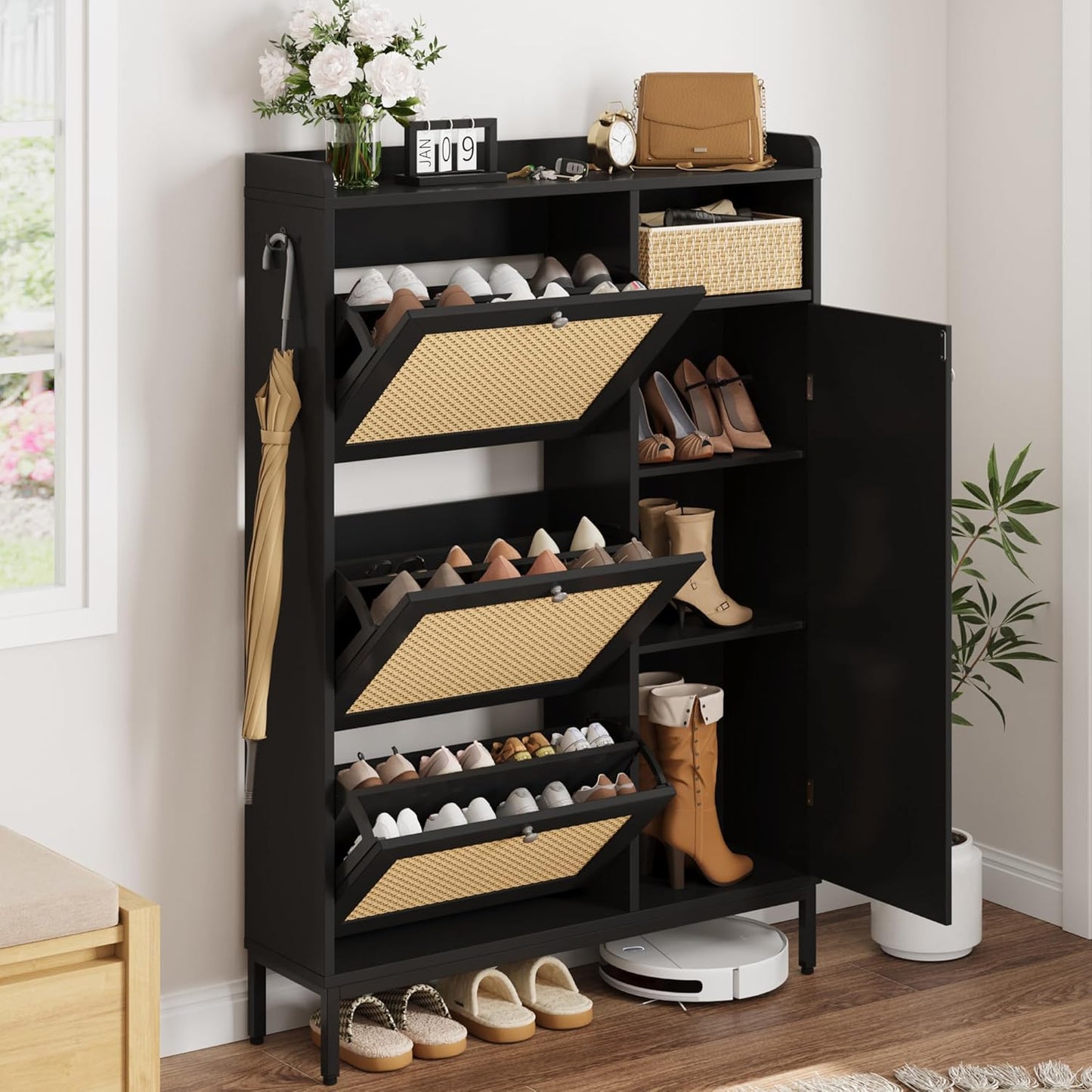 GarveeHome Shoe Cabinet Rattan with 3 Flip Drawers and 4-Tier Shoe Storage Cabinet, Freestanding Shoe Organizer with Adjustable Shelves for Entryway, Closet, Hallway (Black)