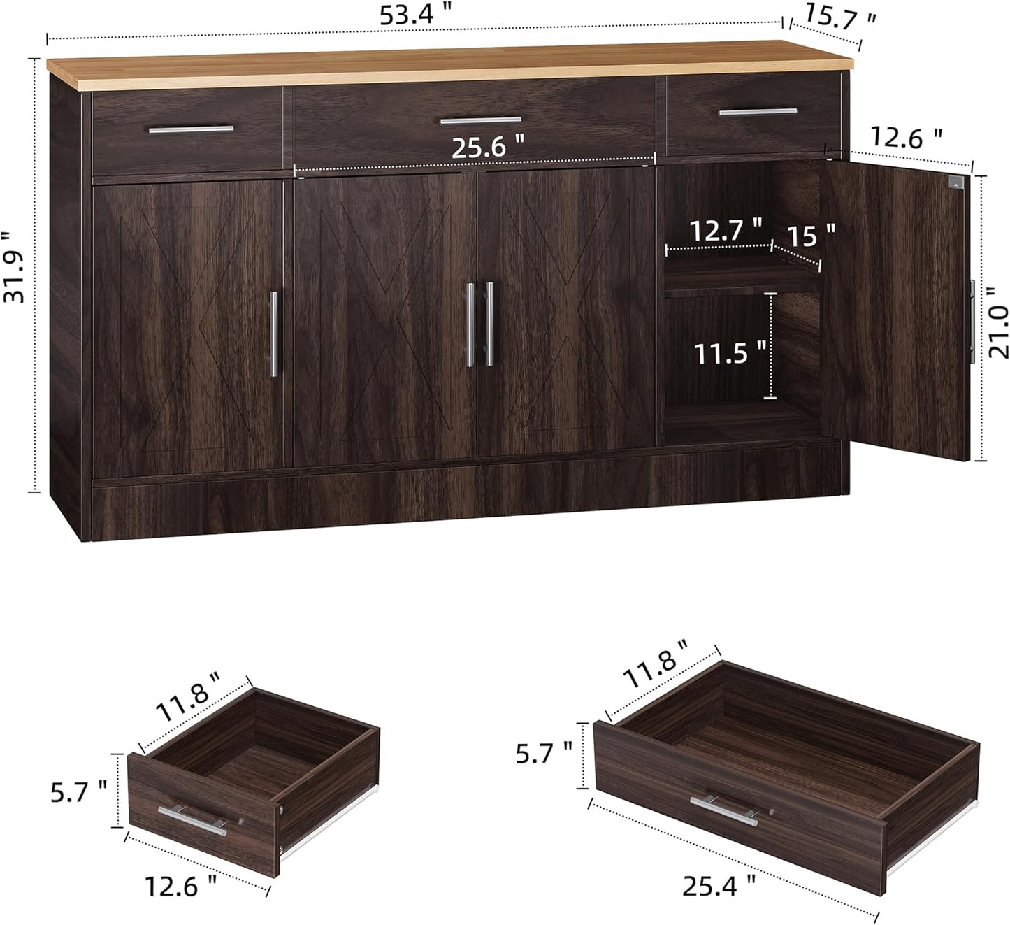 Shintenchi Sideboard Buffet Cabinet with Storage,53.4" Large Kitchen Buffet Storage Cabinet with 3 Drawers and 4 Doors,Wood Farmhouse Sideboard with Adjustable Shelf for Kitchen, Living Room,Brown