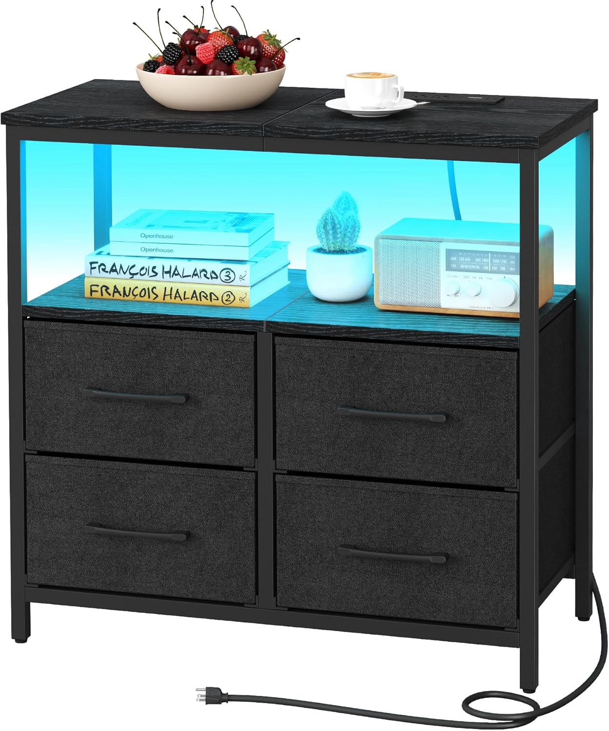 TUTOTAK LED Night Stand with Charging Station, Large Nightstand with USB and Type-C Port, Bedside Table with Cloth Drawers, End Table for Livingroom, Bedroom, Black TB01BK081L