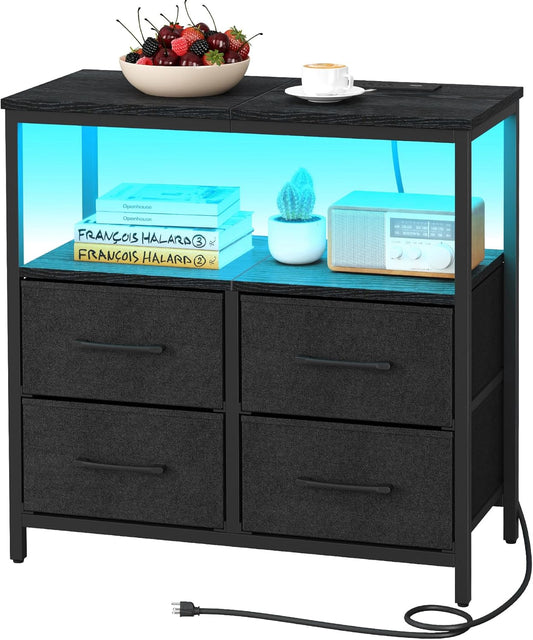 TUTOTAK LED Night Stand with Charging Station, Large Nightstand with USB and Type-C Port, Bedside Table with Cloth Drawers, End Table for Livingroom, Bedroom, Black TB01BK081L