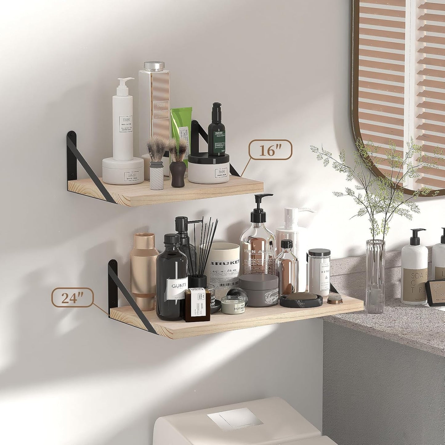 SAUMONIER Floating Shelves Bookshelf for Bedroom Bathroom Living Room Wood Wall Mounted Wide Deep Storage, Rustic Torched 24 Inch Shelves Set of 2