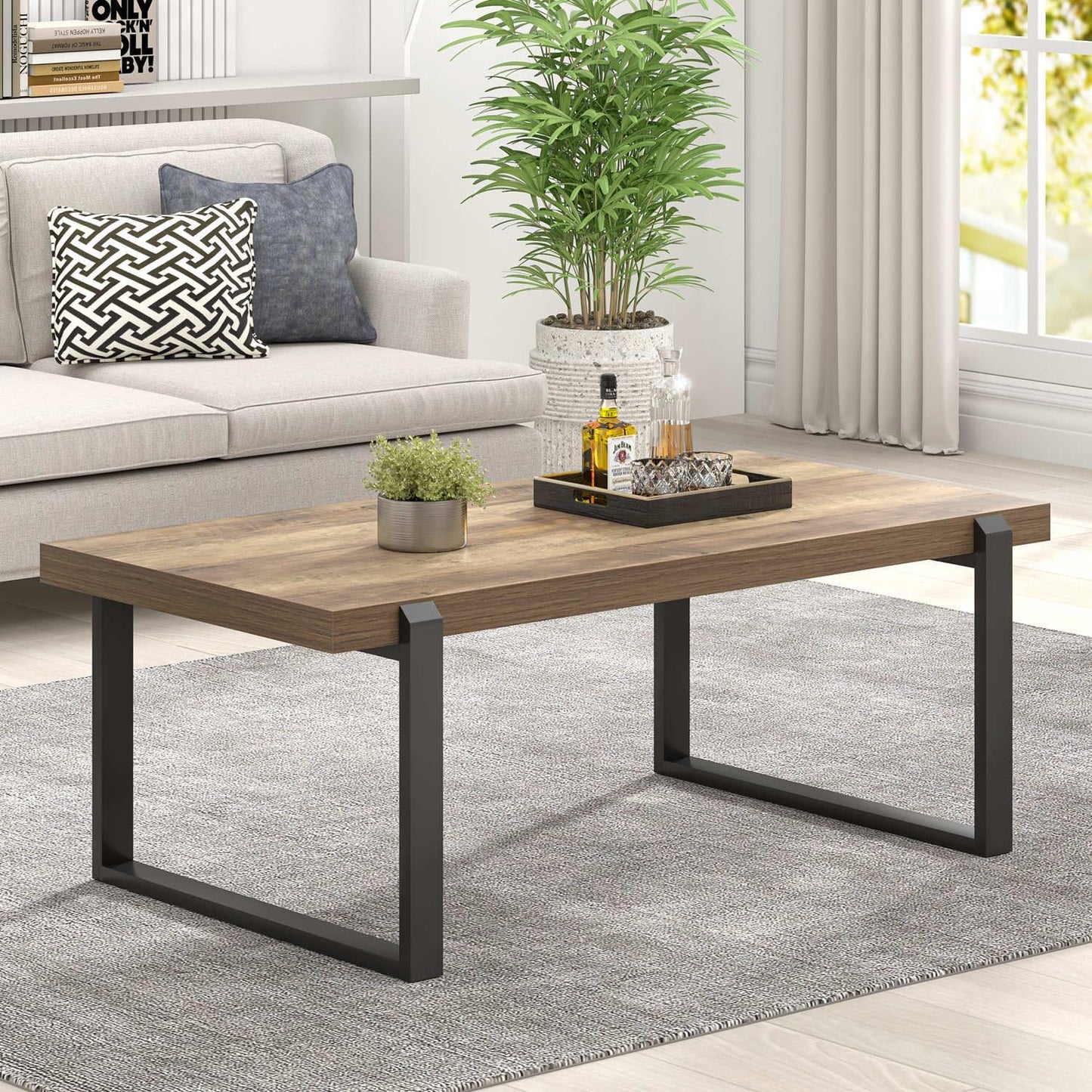 FOLUBAN Coffee Table, Modern Rustic Wood and Metal Center Table, Industrial Cocktail Tea Table for Living Room, Oak, 44 Inch
