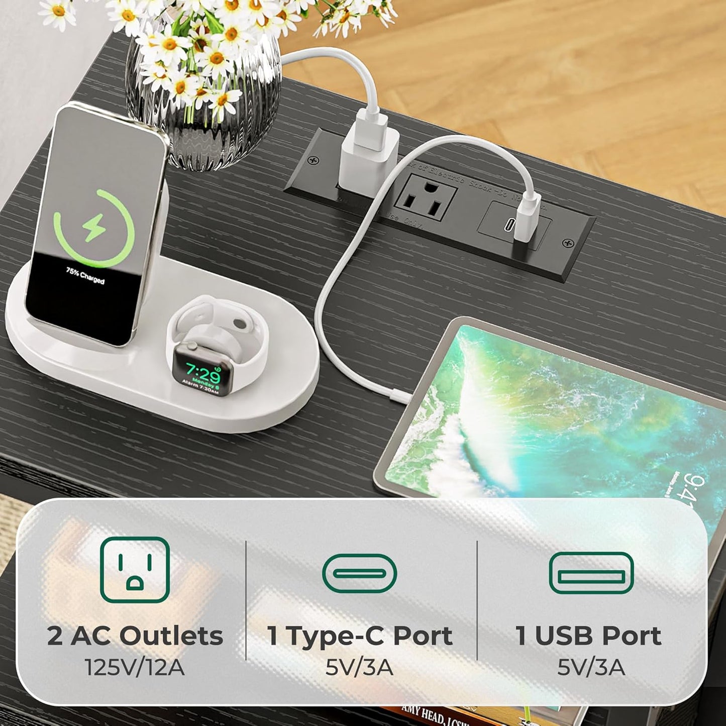 Huuger Night Stand with Charging Station, 4 Drawer Dresser for Bedroom, Bedside Table, 33.9 Inch Tall Nightstand with Open Shelf, End Table, for Closet, Entryway, Bedroom, Black