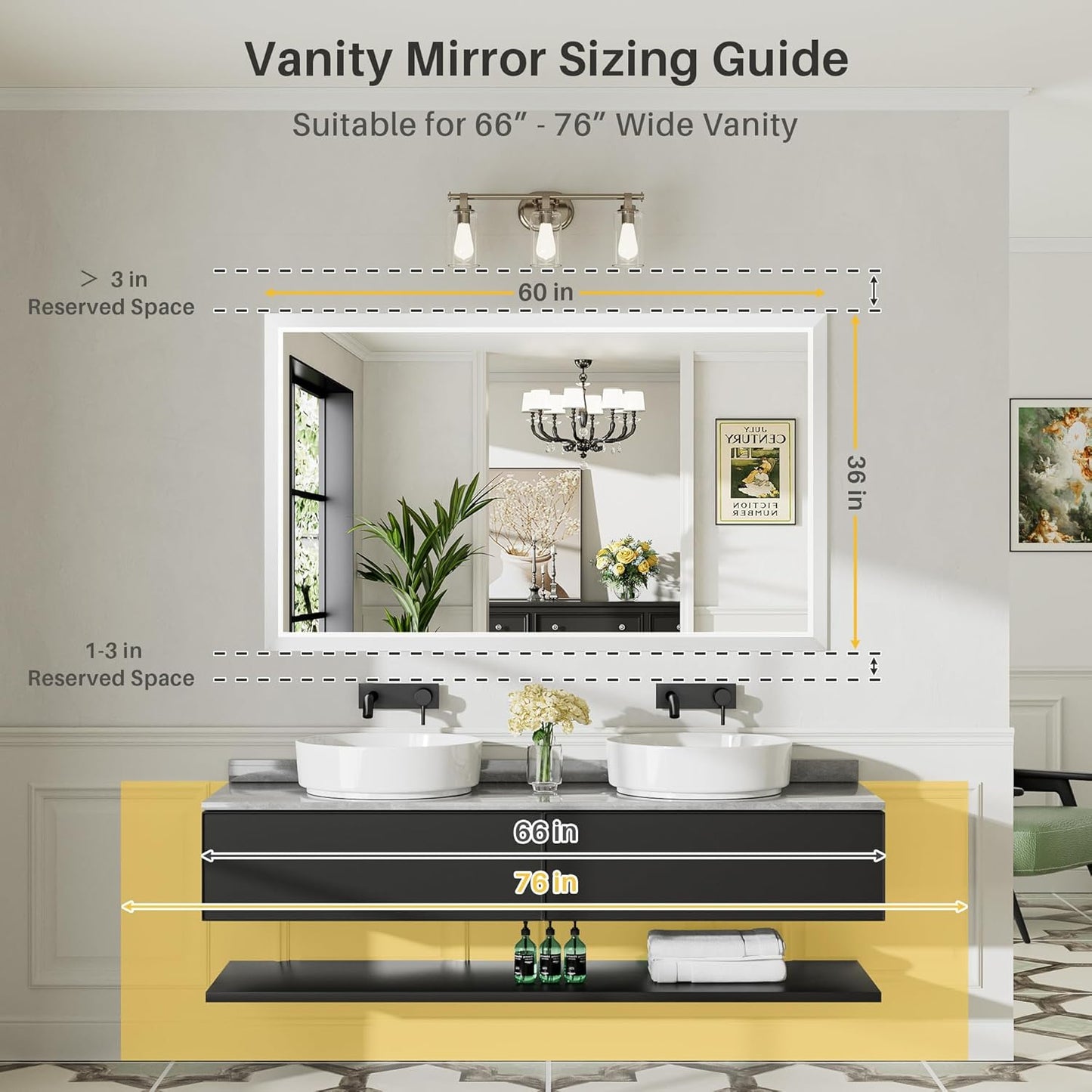 60x36 Inch White Bathroom Mirror for Wall, Thick Metal Framed Rectangle Mirrors for Over Sink, Bedroom, Living Room, Entryway, Anti-Rust, HD Tempered Glass