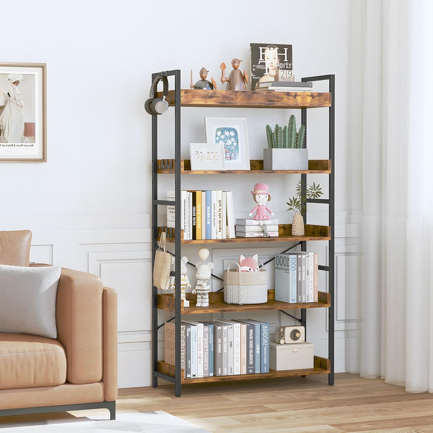 HCHQHS 5 Tier Bookshelf, Adjustable Industrial Bookcase, Vertical Tall Book Shelf, Wood and Black Metal Open Bookshelves for Home Office, Living Room, Bedroom