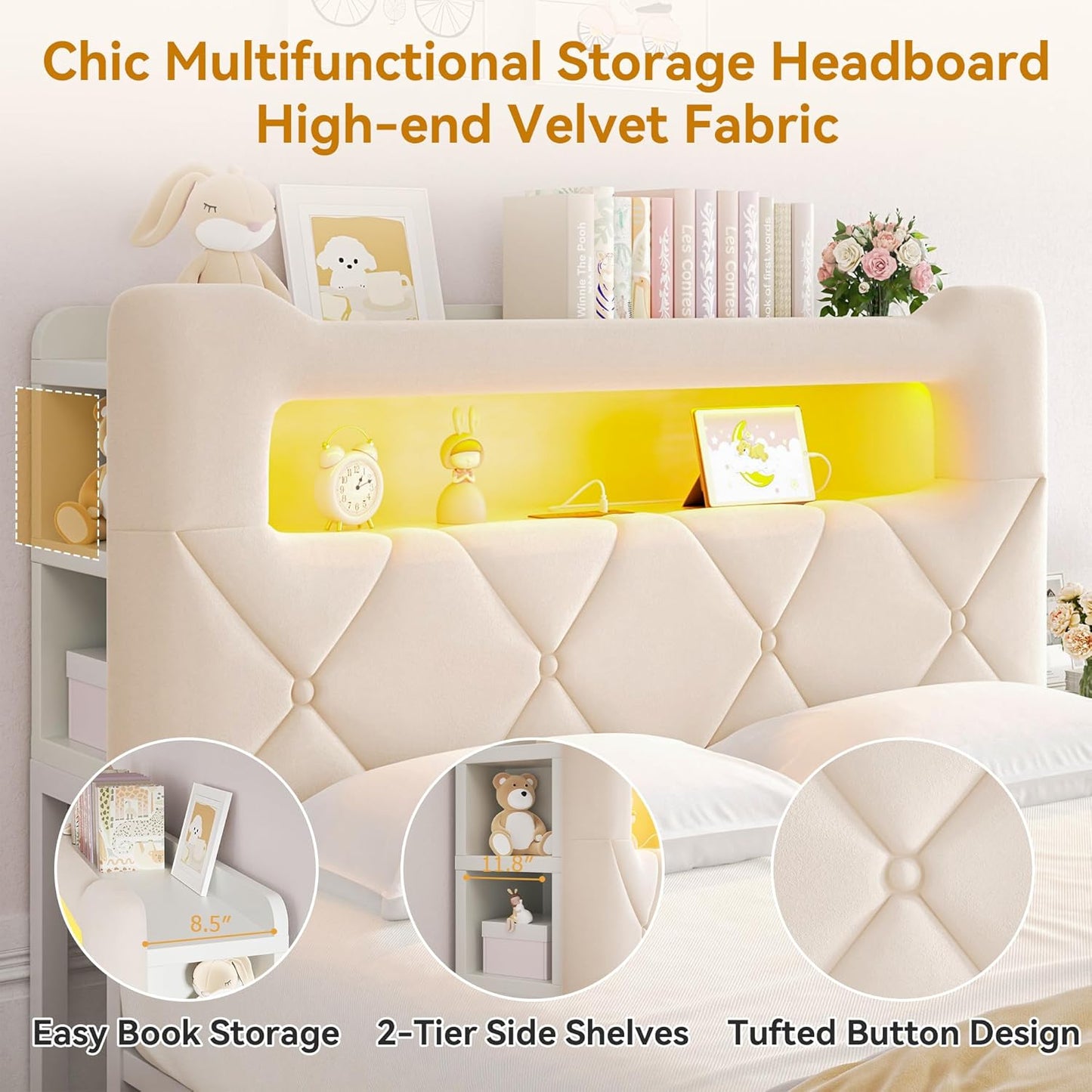Queen Upholstered LED Bed Frame with 2 Storage Drawers and 2-Tier Storage Headboard,Velvet Princess Platform Bed with Charging Station&Bookcase,Heavy Duty Metal Support,No Box Spring Needed,Beige