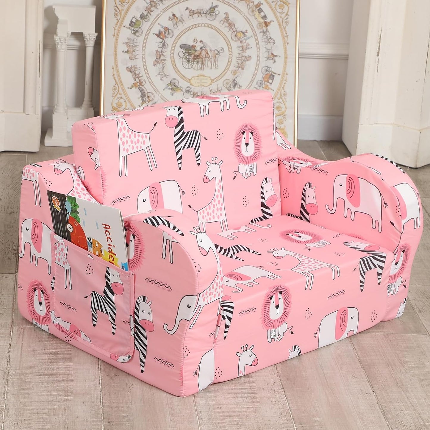 Pink Kids Sofa, 2-in-1 Kids Couch Fold Out, Convertible Sofa to Bed for Girls and Boys