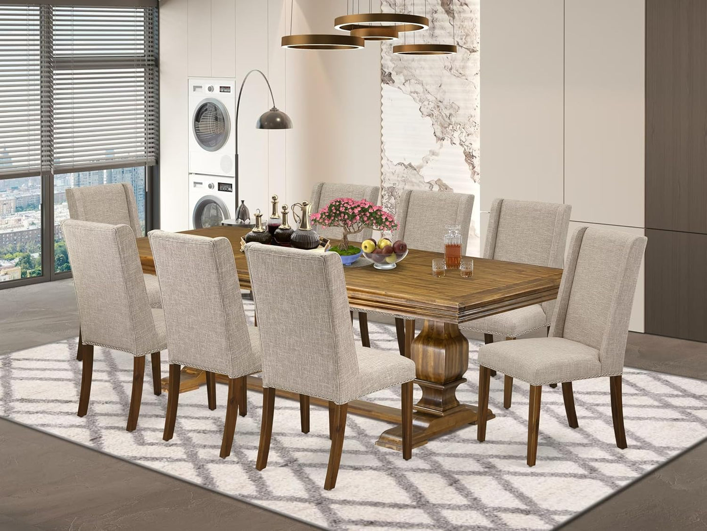 NKFL9-AWA-04-9-Piece Kitchen Table Set Includes a Kitchen Table and 8 Light Tan Linen Fabric Dining Chairs with Padded Chair Back - Antique Walnut Finish.