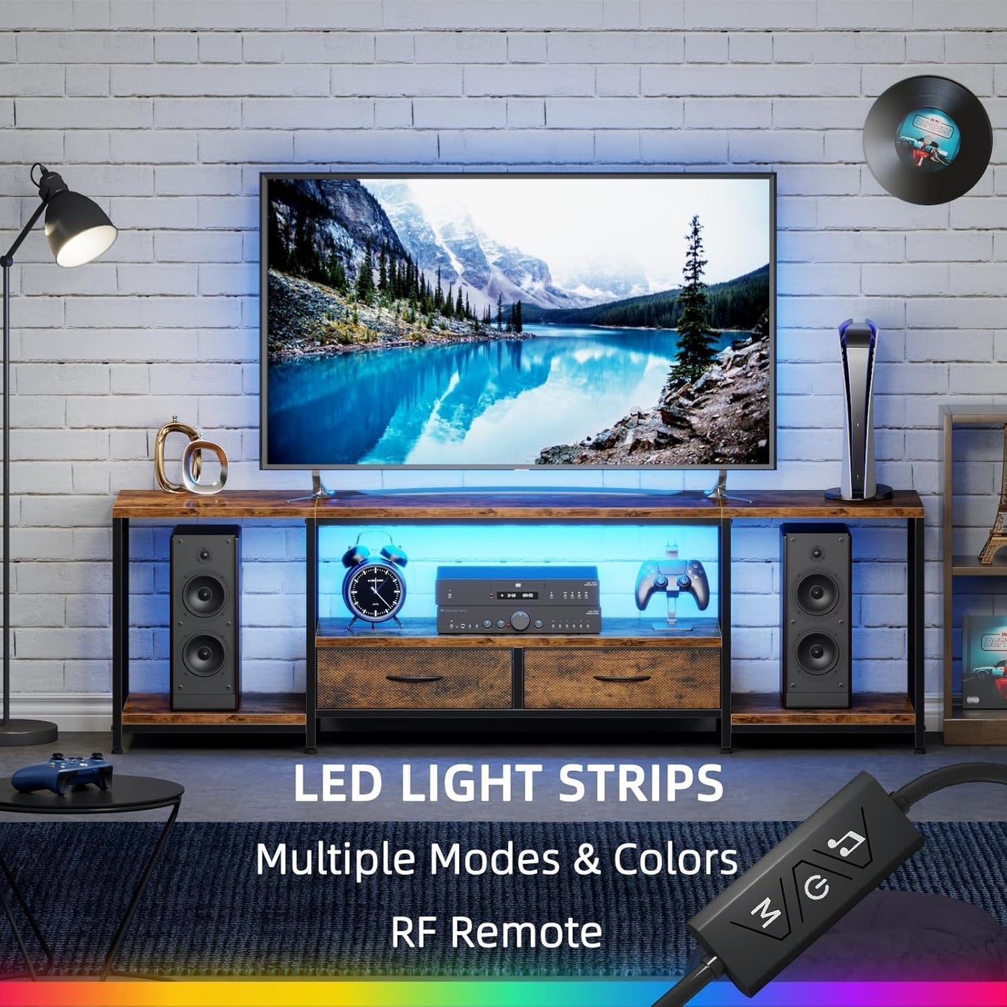 LED TV Stand with 2 Fabric Drawers for 65 60 55 Inch TV, Entertainment Center TV Stands for Living Room, Bedroom, TV Media Console Table with Storage Shelves, 55" Rustic Brown