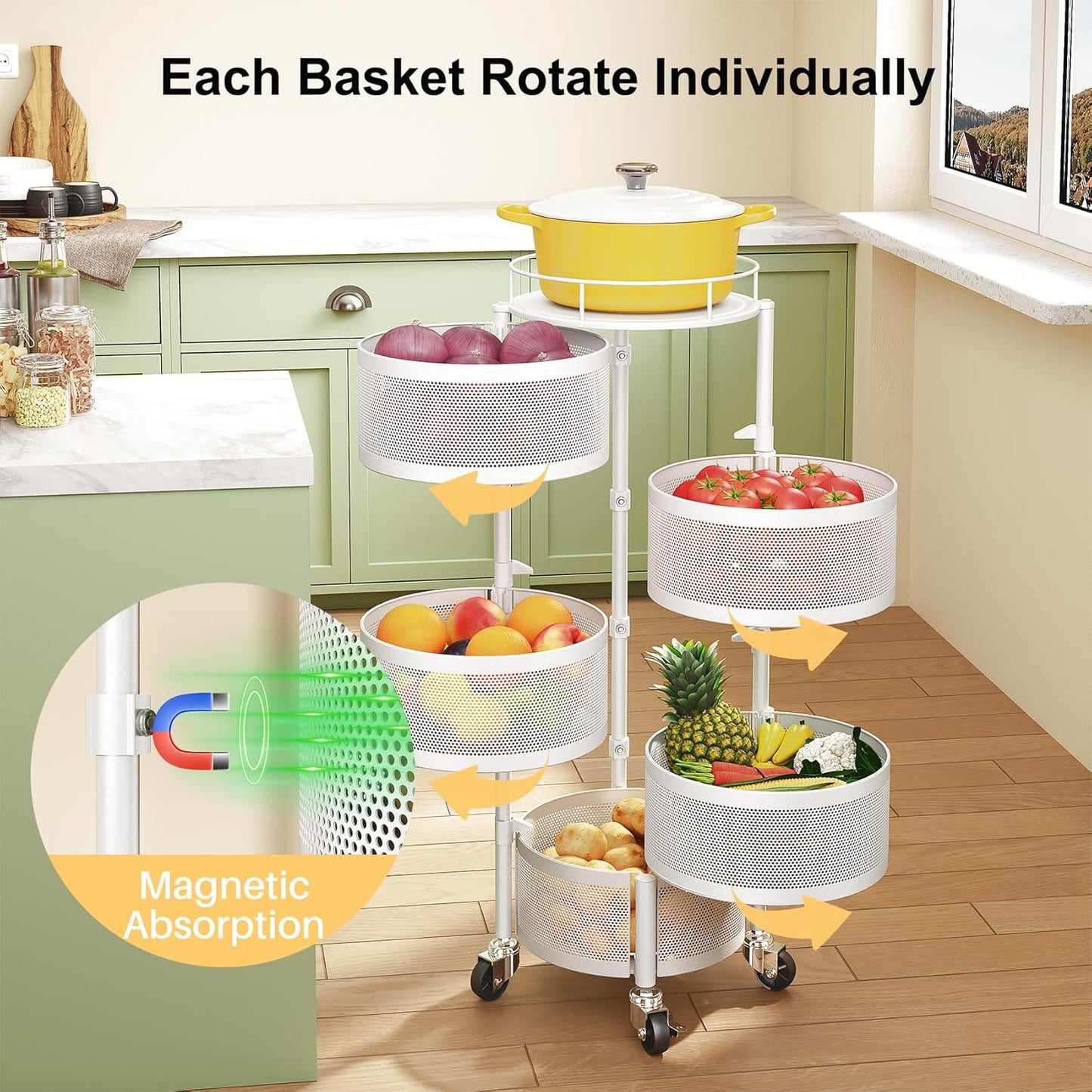 SNTD Fruit and Vegetable Basket Bowls for Kitchen with Metal Top Lid, 5 Tier Rotating Storage Rack Cart for Potato Onion Banana, Wire Basket Organizer on Wheels, Large (White)
