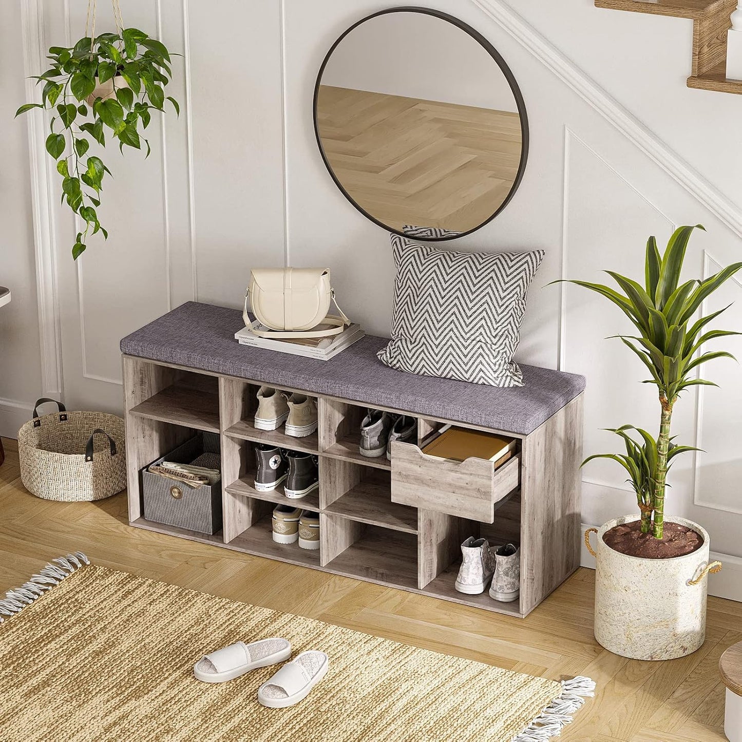 DINZI LVJ Shoe Bench, Entryway Storage Bench with Drawer and 11 Cubbies, Cubby Shoe Rack with Adjustable Shelves, Organizer Cabinet for Living Room, Bedroom, Mudroom, Closet and Garage, Greige