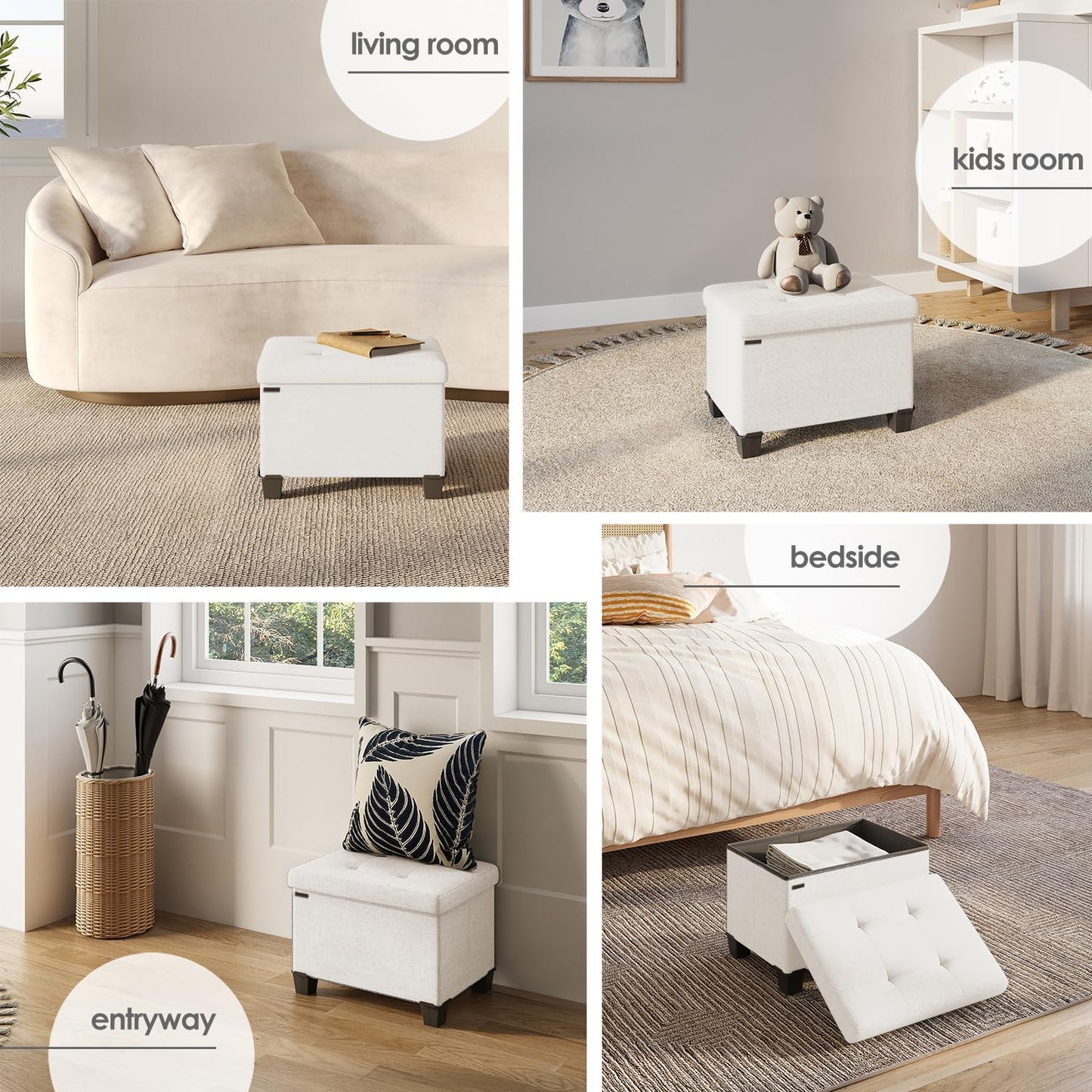 STORAGEBUD Storage Ottoman Cube with Small Bin, 16-in Square Ottoman with Storage for Living Room and Bedroom, Small Ottomans Foot Rest, Fabric Foot Stools Ottomans Max 330lbs, Cream